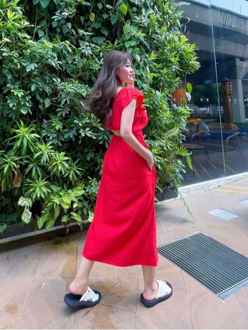 Uniqlo Red Maxi Dress with Ruffle Sleeves